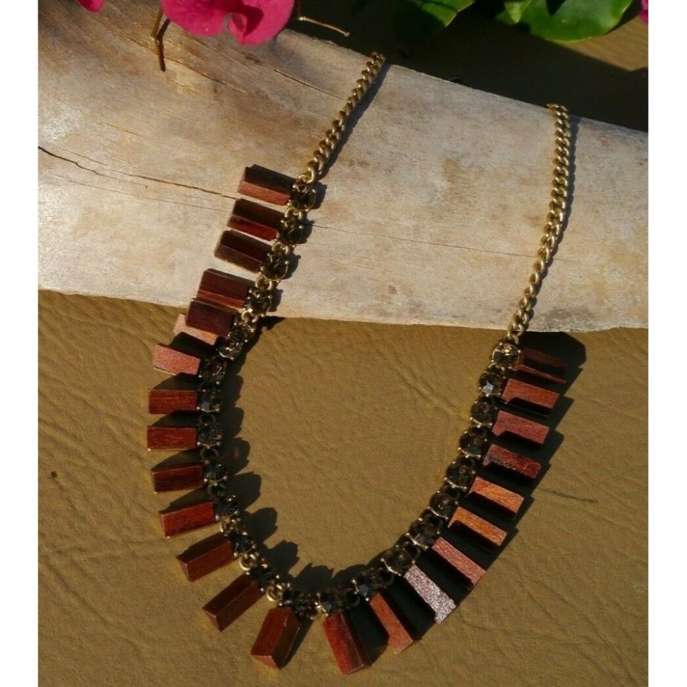 J.Crew Necklace Boho  W/Brown Wood Pyramid & Amber tone Faceted Rhinestones-ADJ.